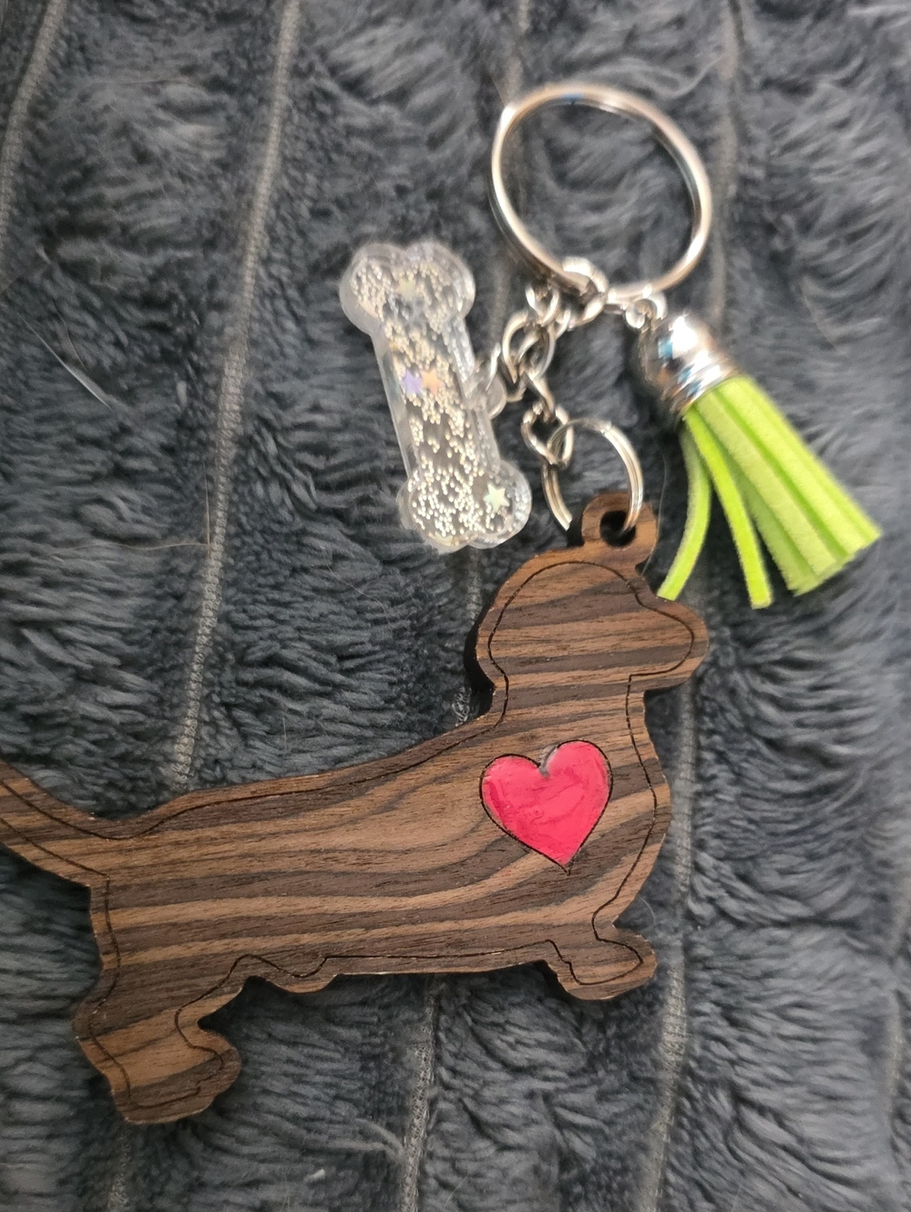Wooden Dachshund Keychain with Pink Heart and Lime Tassel